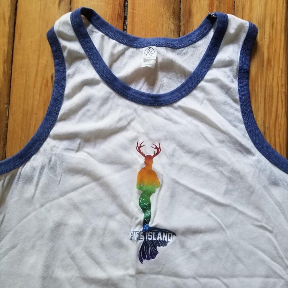 Fire Island Merman Tank Top size large white with blue trim